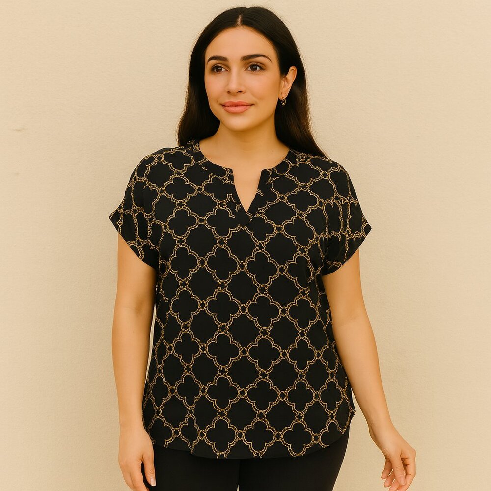 🏷️ Sung Alfred Sung Geometric Print Blouse – Elegant & Eye-Catching Size XL